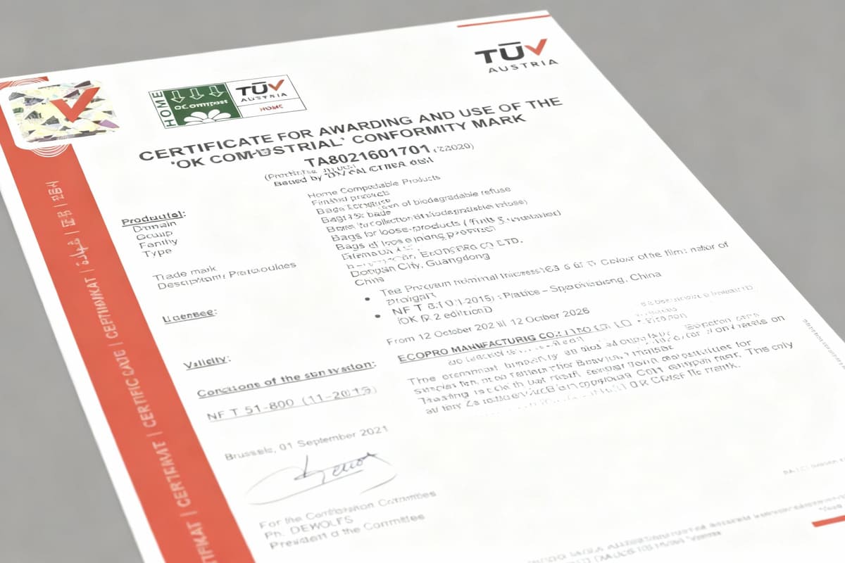 A close-up of a legitimate biodegradable certificate from T&Uuml;V Austria, showing the '[OK compost INDUSTRIAL](https://greenpaperproducts.com/blog/understanding-tuv-austria-certification-a-guide-to-compostable-packaging-standards?srsltid=AfmBOoribR8kISEWMlwqzXxHRonMrwmDcyOv5ExkZfM4VlqnvF7JnFQO)<sup id=