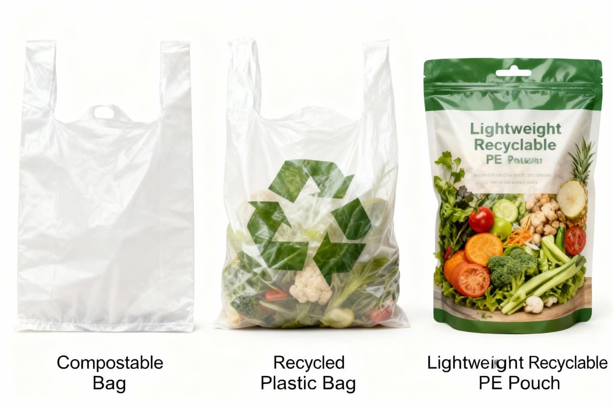 A comparison image showing a compostable bag, a bag made from recycled plastic, and a lightweight, recyclable PE pouch side-by-side