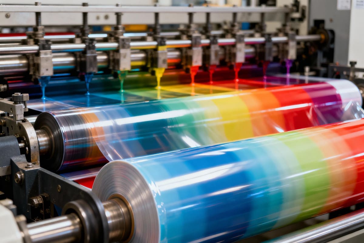 A close-up of a high-speed rotogravure printing press applying multiple colors to a roll of plastic film
