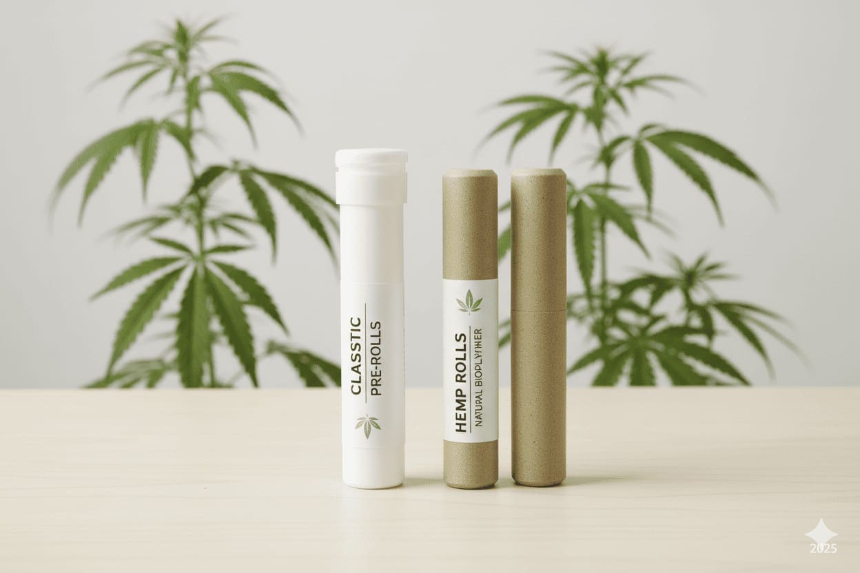 Hemp Plastic Composite vs. Traditional Plastic in Cannabis Packaging A side-by-side comparison of a traditional plastic pre-roll tube and one made from a speckled, earth-toned hemp plastic composite.