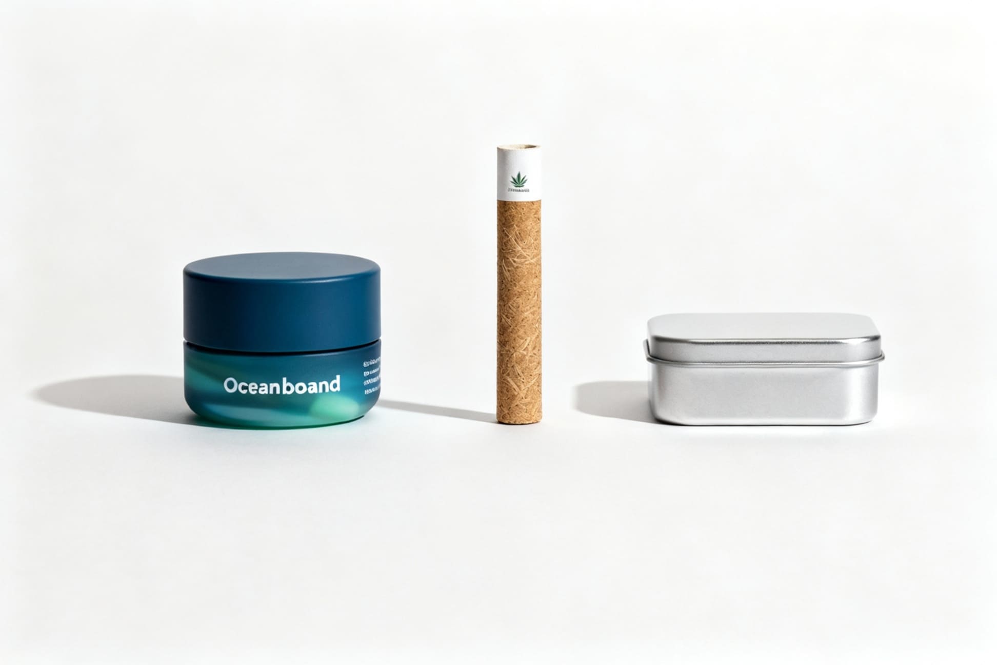 Sustainable Cannabis Packaging Materials for 2025 A collection of modern, sustainable cannabis packaging: a jar made from ocean-bound plastic, a hemp composite pre-roll tube, and a sleek aluminum tin.