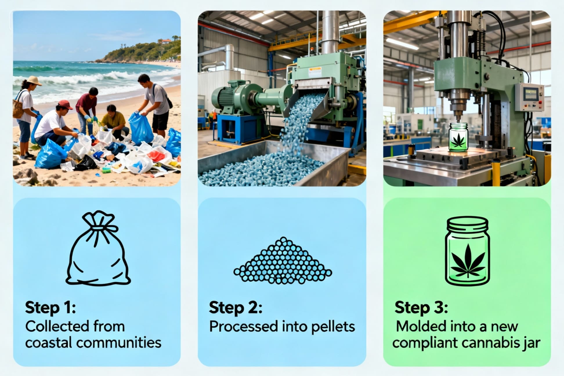 The Circular Journey of Ocean-Bound Plastic into Packaging A diagram showing the lifecycle of ocean-bound plastic: collected from coastal communities, processed into pellets, and molded into a new compliant cannabis jar.