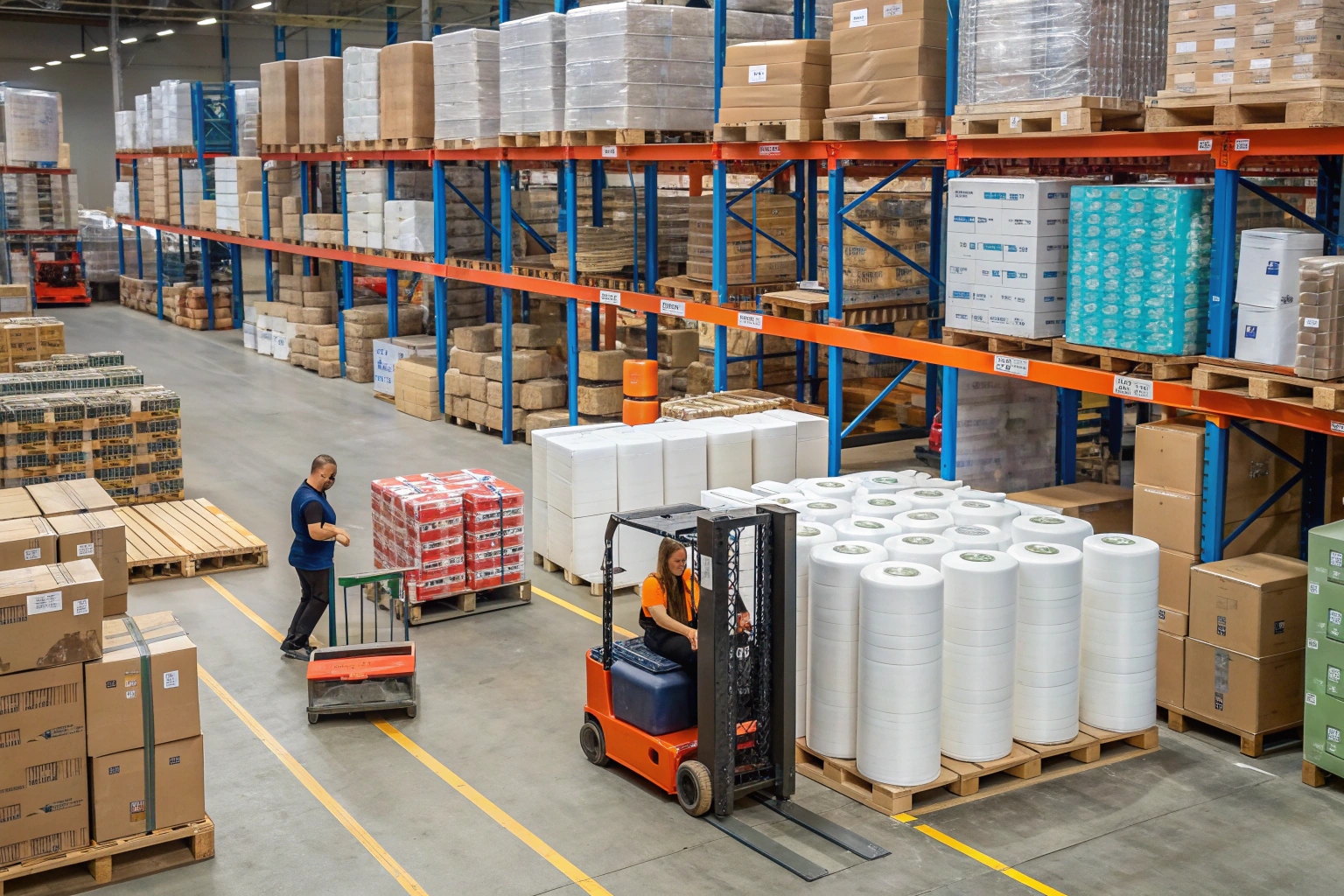 A Packaging Wholesaler's Warehouse A large warehouse filled with shelves of stacked boxes and packaging