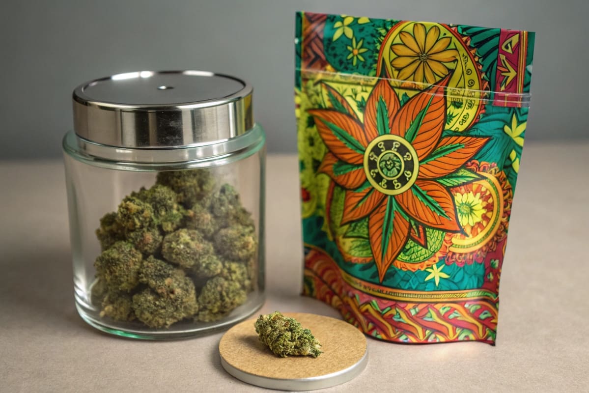 Packaging Options for Cannabis Flower A premium glass jar next to a vibrantly printed Mylar bag, both containing cannabis flower