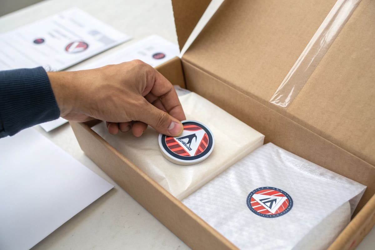 Adding a Logo to a Box with a Sticker A hand applying a branded round sticker to seal the tissue paper inside a shipping box