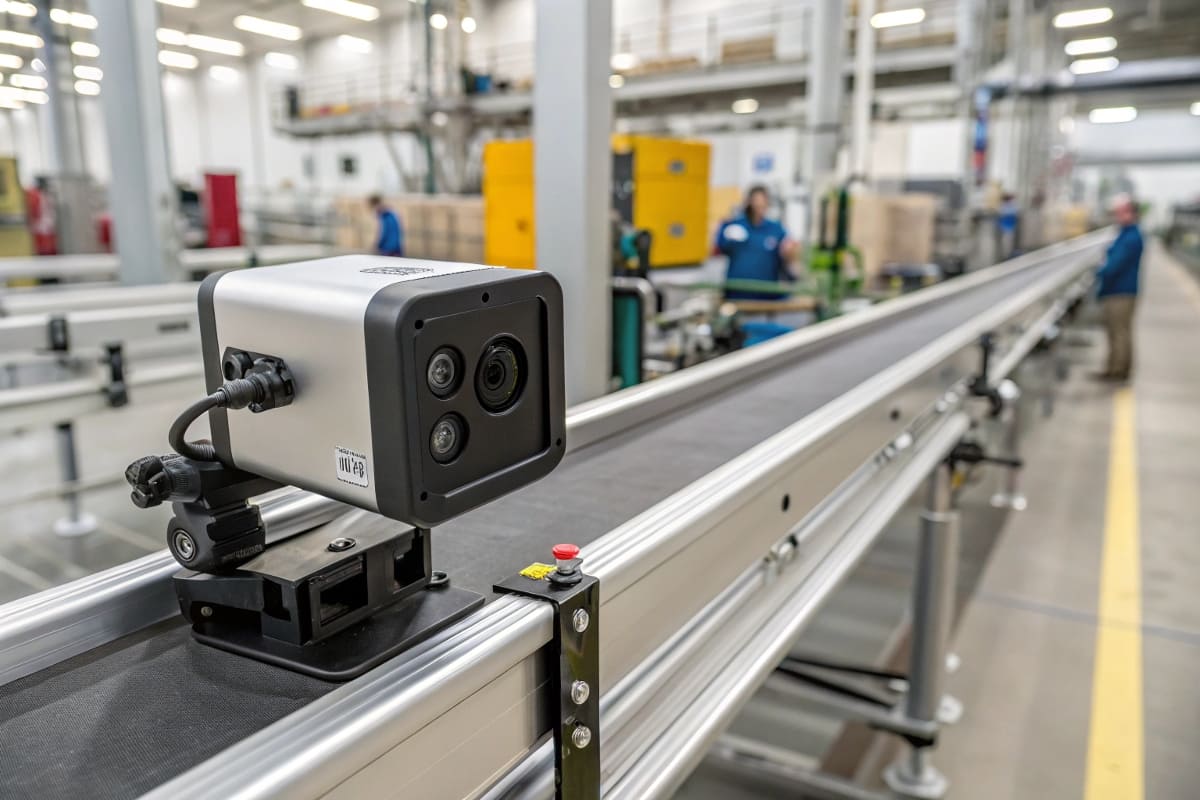 A compact, modular AI camera unit being bolted onto an existing factory conveyor belt