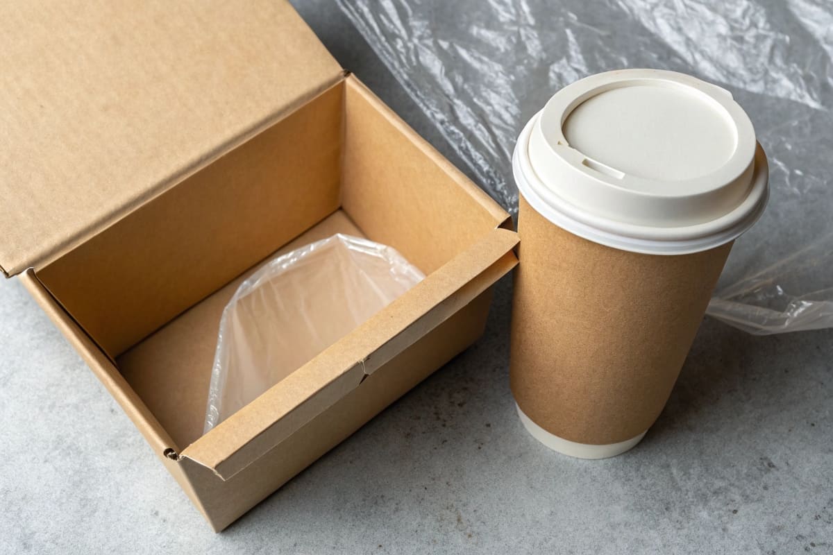 A split image showing a plain brown cardboard box on one side and a paper coffee cup cut open to reveal the thin plastic lining on the other
