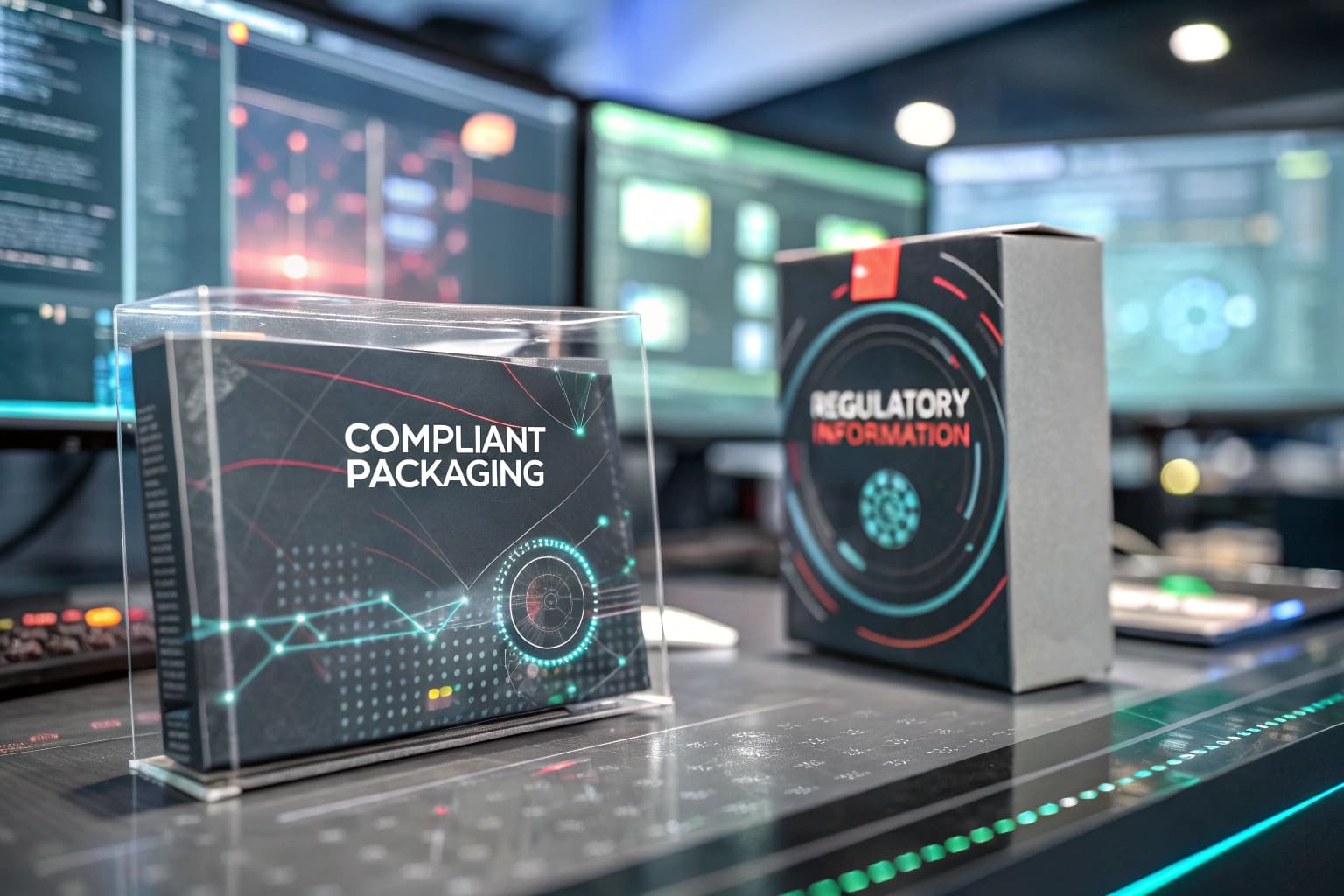 A futuristic-looking graphic showing compliant packaging with digital overlays of regulations