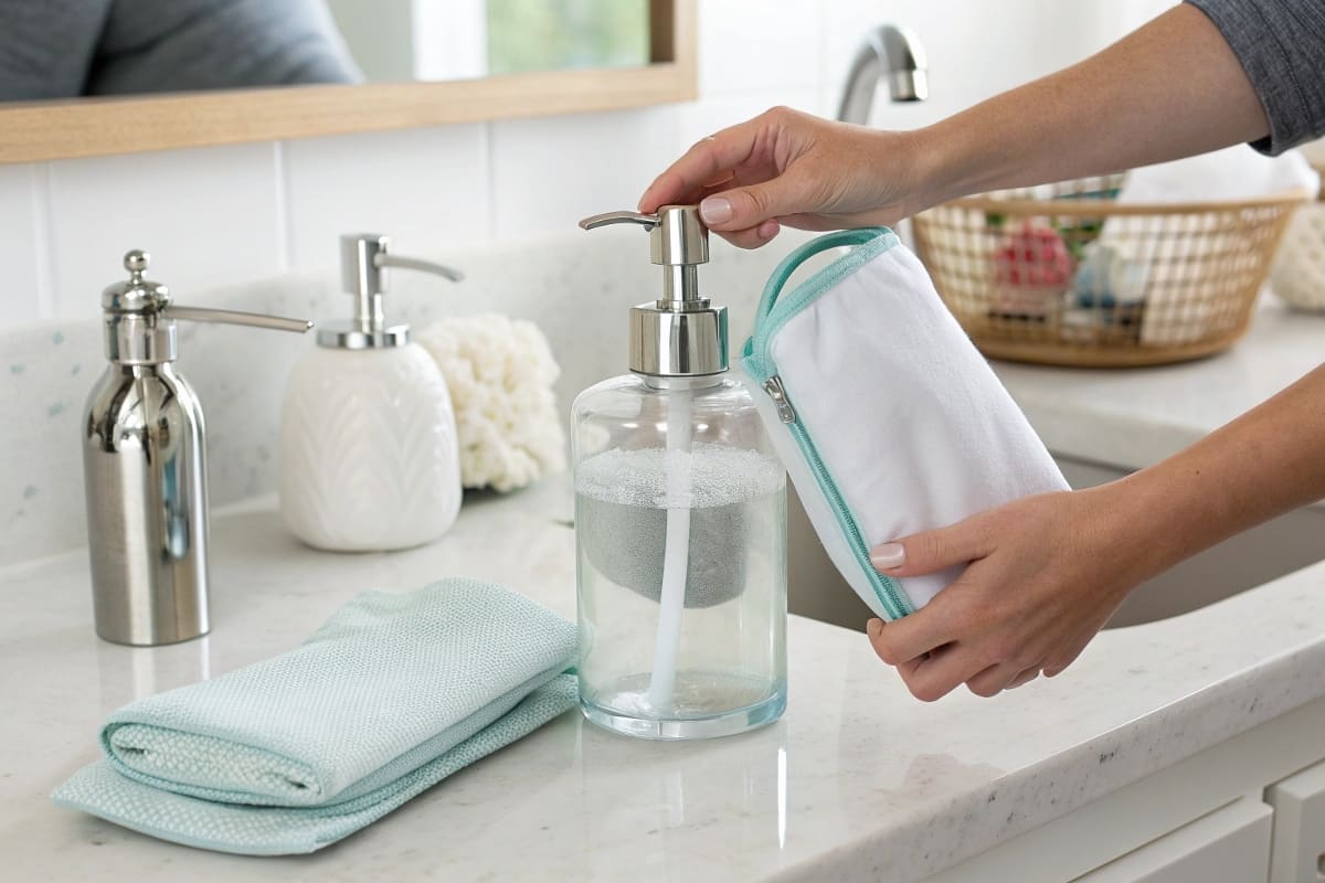 A Refill-at-Home System for Personal Care Products A beautifully designed, permanent glass soap dispenser being refilled from a simple, lightweight pouch