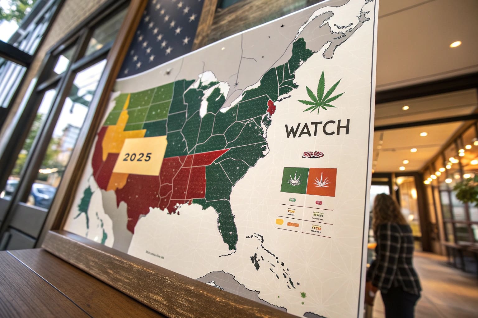 A map of the USA showing current legal states and 'watch' states with potential for 2025 legalization