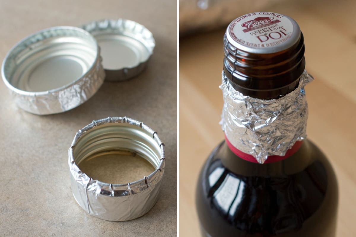 A collage showing a foil induction seal, a clear shrink band on a bottle, and a broken breakaway cap