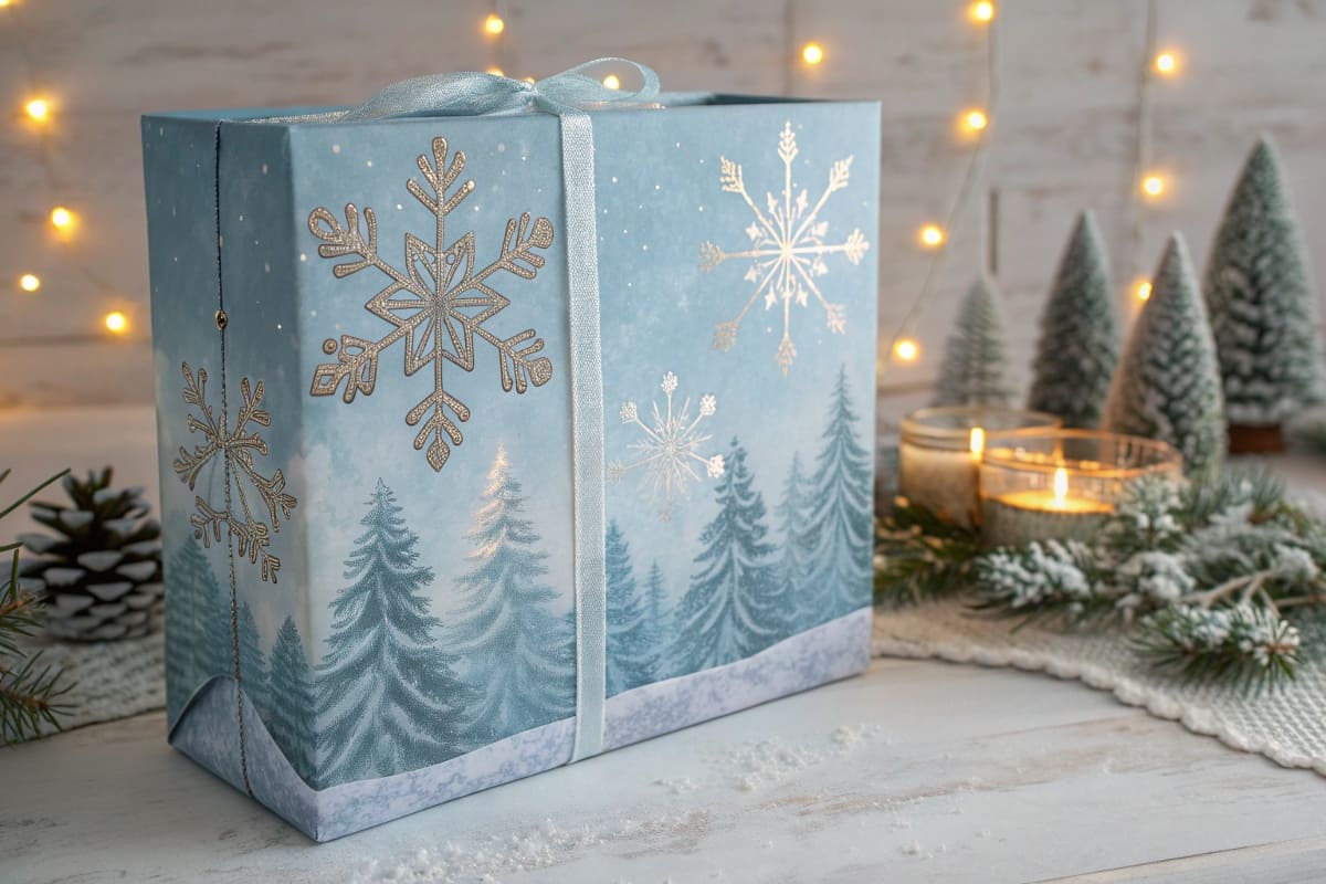 A beautiful packaging design featuring snowflakes and a winter forest scene, which is festive but not tied to a specific holiday