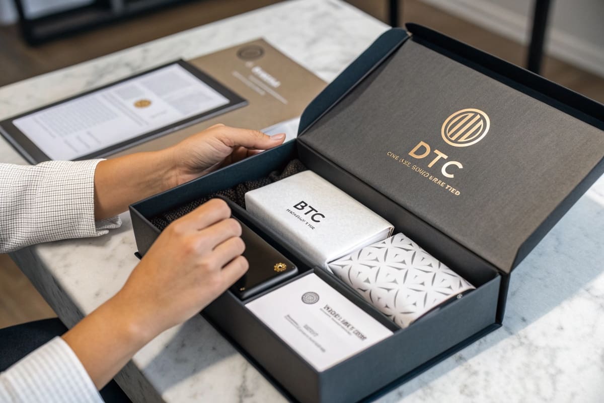 A customer's hands opening a beautifully designed DTC box, with custom inserts and branded tissue paper visible inside