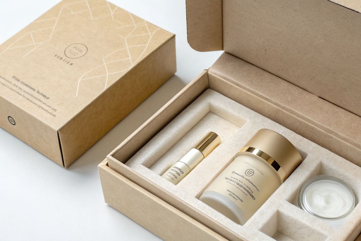A high-end cosmetic product nestled in a custom-molded, off-white pulp insert, inside a minimalist kraft paper box