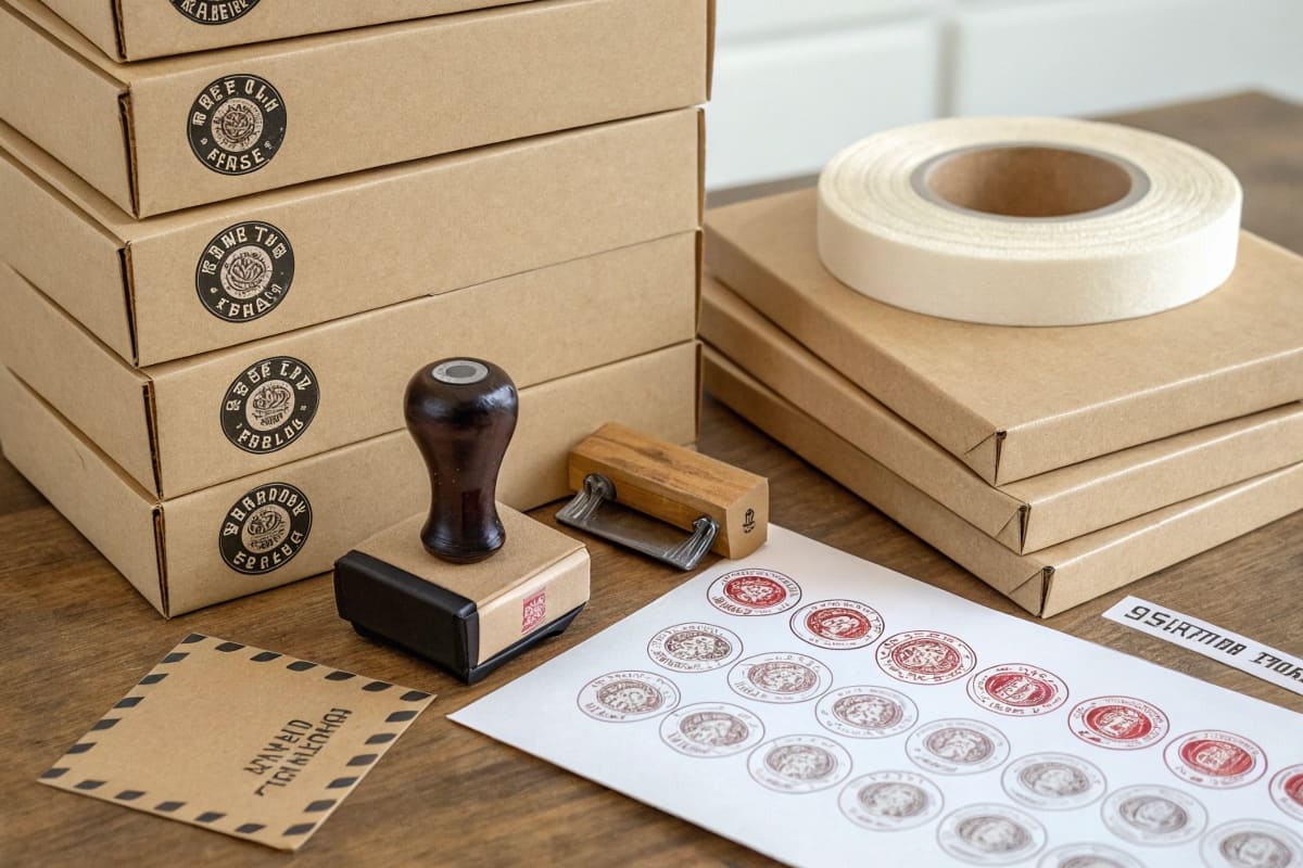 Using Stock Boxes with Custom Inserts A standard kraft mailer box open to show a product securely nestled inside colorful crinkle-cut shredded paper