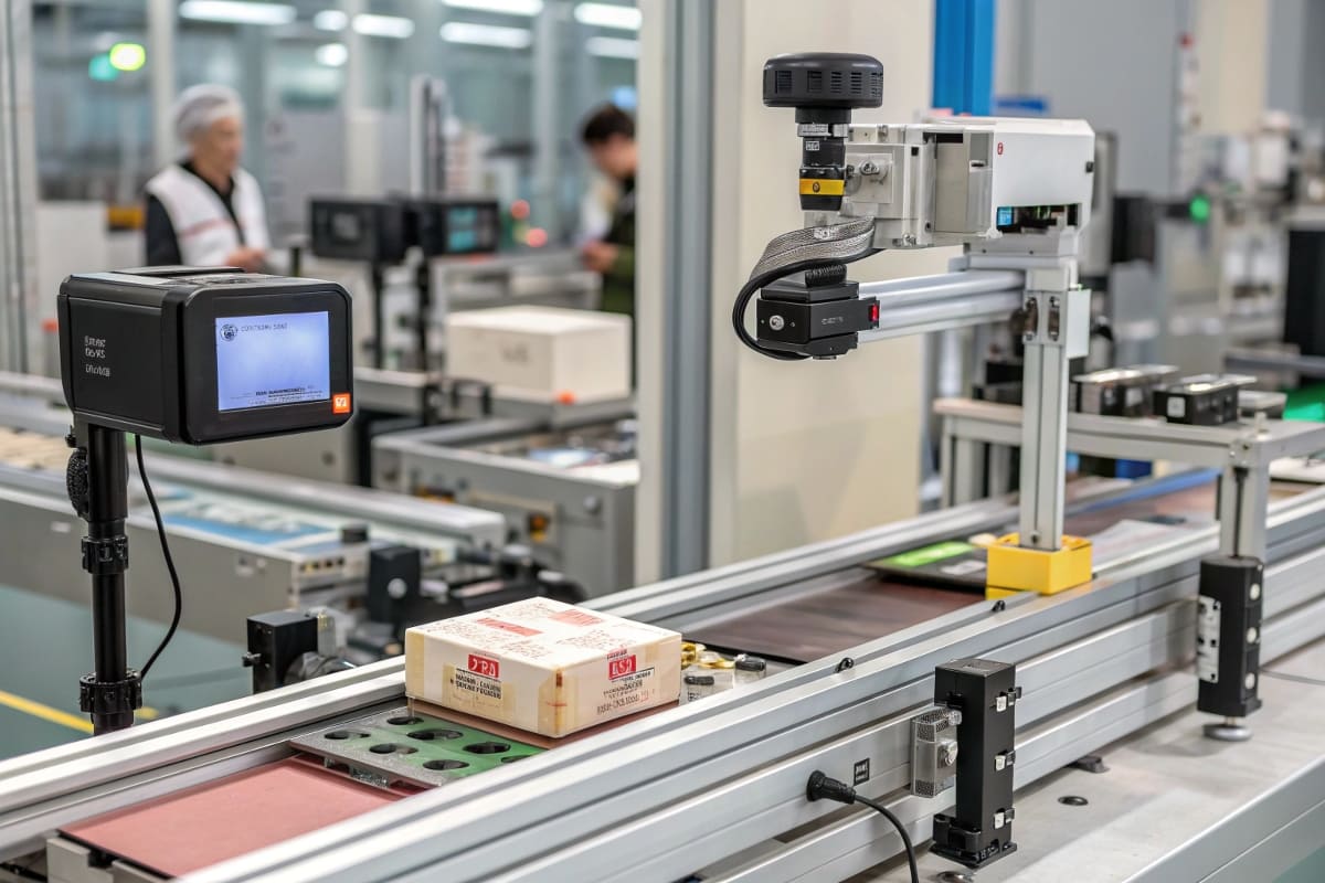 AI-Powered Quality Control Inspection A close-up of a camera inspecting a package with a digital interface showing AI analysis