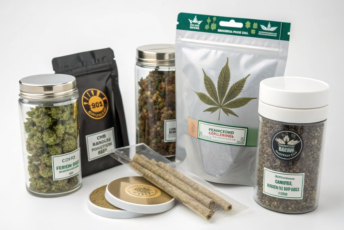 Common Types of Cannabis Packaging An array of different cannabis packaging types like Mylar bags, glass jars, and pre-roll tubes