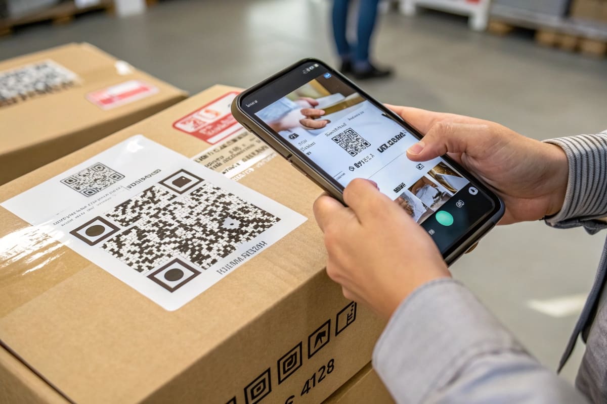 Augmented Reality on a Wine Bottle Label A smartphone held over a wine bottle label, showing an animated story playing on the screen as if it's on the bottle