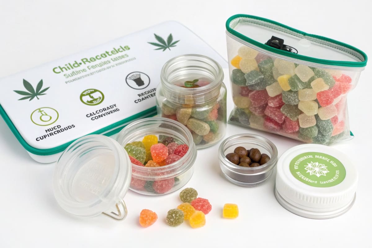 Packaging for Edibles and Concentrates A child-resistant resealable pouch for gummies and a small glass jar for cannabis concentrate
