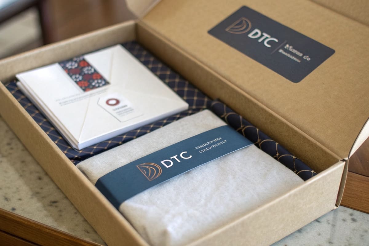 Close-up of layers within a DTC box: a welcome card on top, followed by branded tissue paper, revealing the product nested in a custom insert