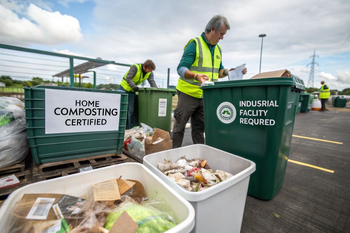 The Difference Between Home and Industrial Compostable Certifications A graphic showing the two compostable certifications: "Home Compostable" (a snail icon) and "Industrial Compostable" (a seedling icon)