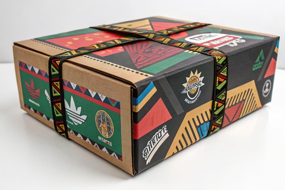 A brightly colored subscription box with full-bleed custom graphics sitting on a doorstep