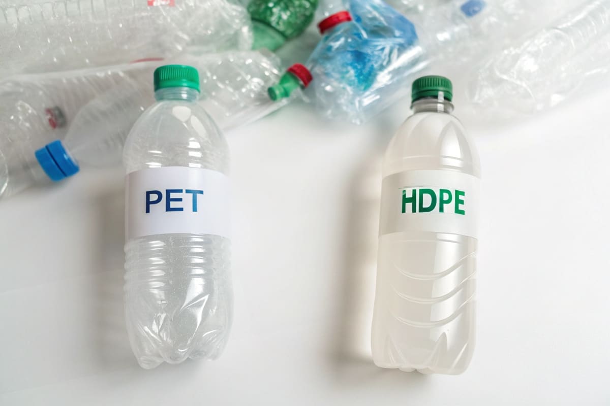 A clear PET water bottle and a cloudy HDPE milk jug, both with their [recycling symbols](https://www.recyclenow.com/how-to-recycle/recycling-symbols)<sup id=