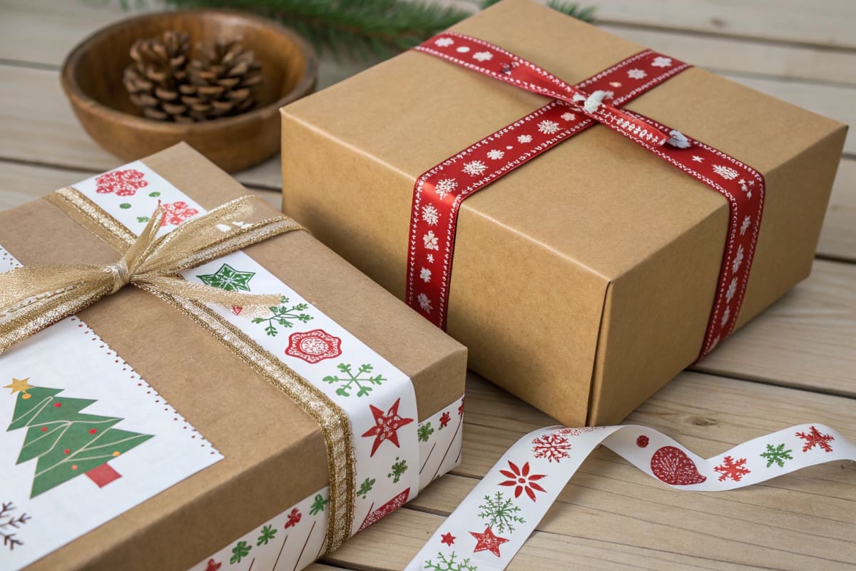 A standard brown box being transformed with a brightly colored, festive paper sleeve that slides over it