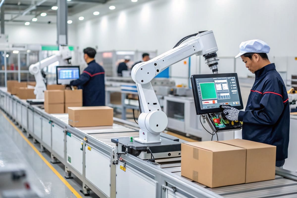 The Future of Packaging Automation in 2025 A futuristic packaging line with robotic arms and digital data overlays