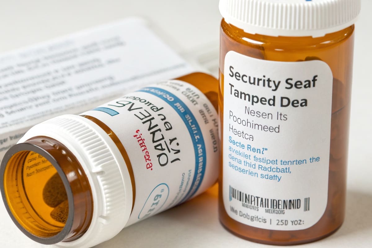 A close-up of a sealed medicine bottle with an intact induction seal visible under the cap