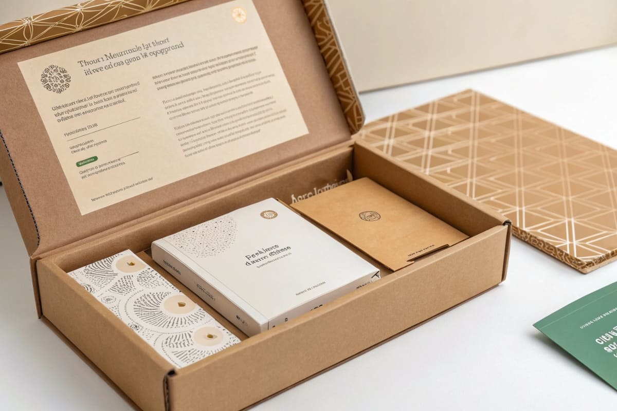 Innovative Structural Design in Sustainable Packaging A complex, origami-like box made from a single piece of cardstock, unfolding to reveal a product