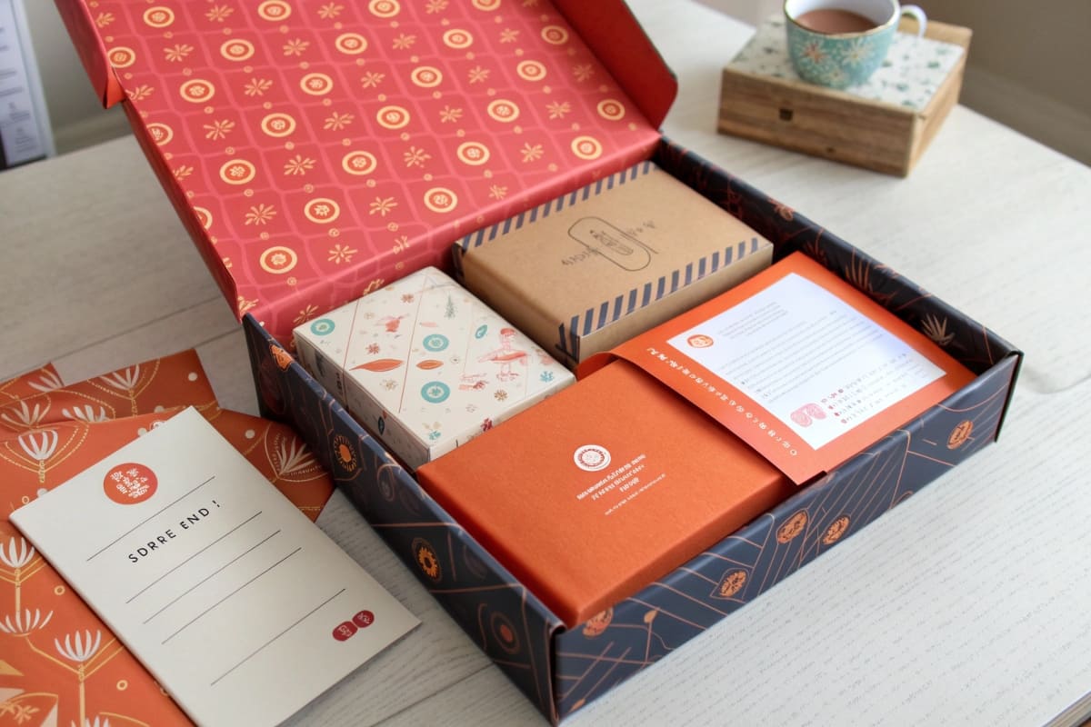 A person excitedly unboxing a beautifully designed subscription box with custom tissue paper and inserts