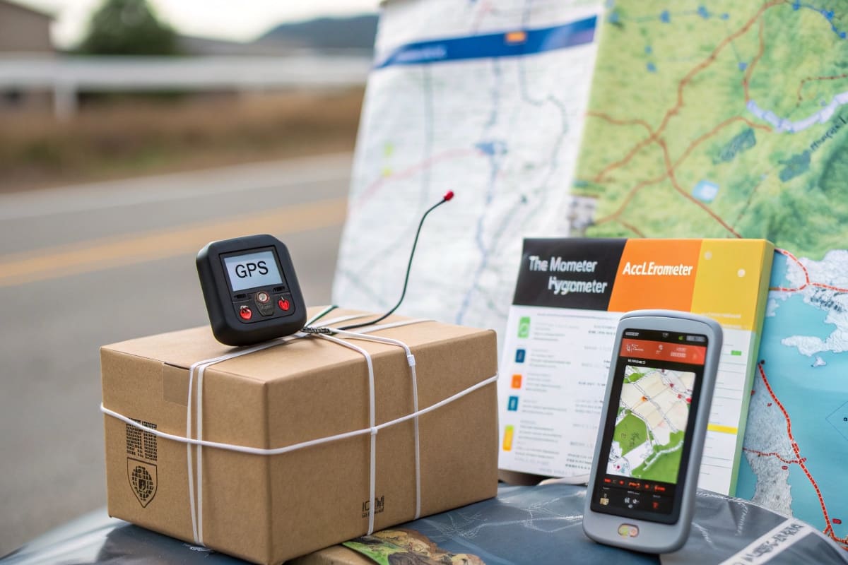 Smart Sensor Data Dashboard for Supply Chain A dashboard UI showing graphs and maps for temperature, humidity, and GPS location of a package