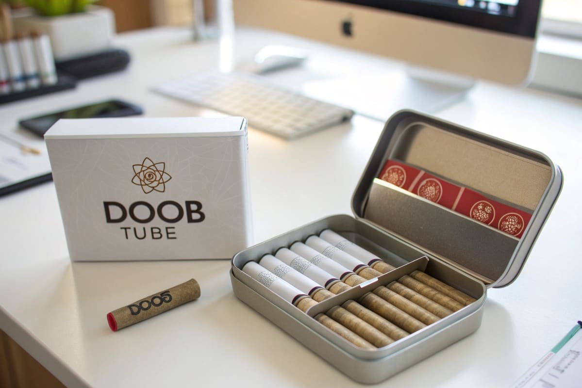 Packaging for Cannabis Pre-Rolls A single plastic pre-roll tube next to a branded metal tin holding multiple pre-rolls