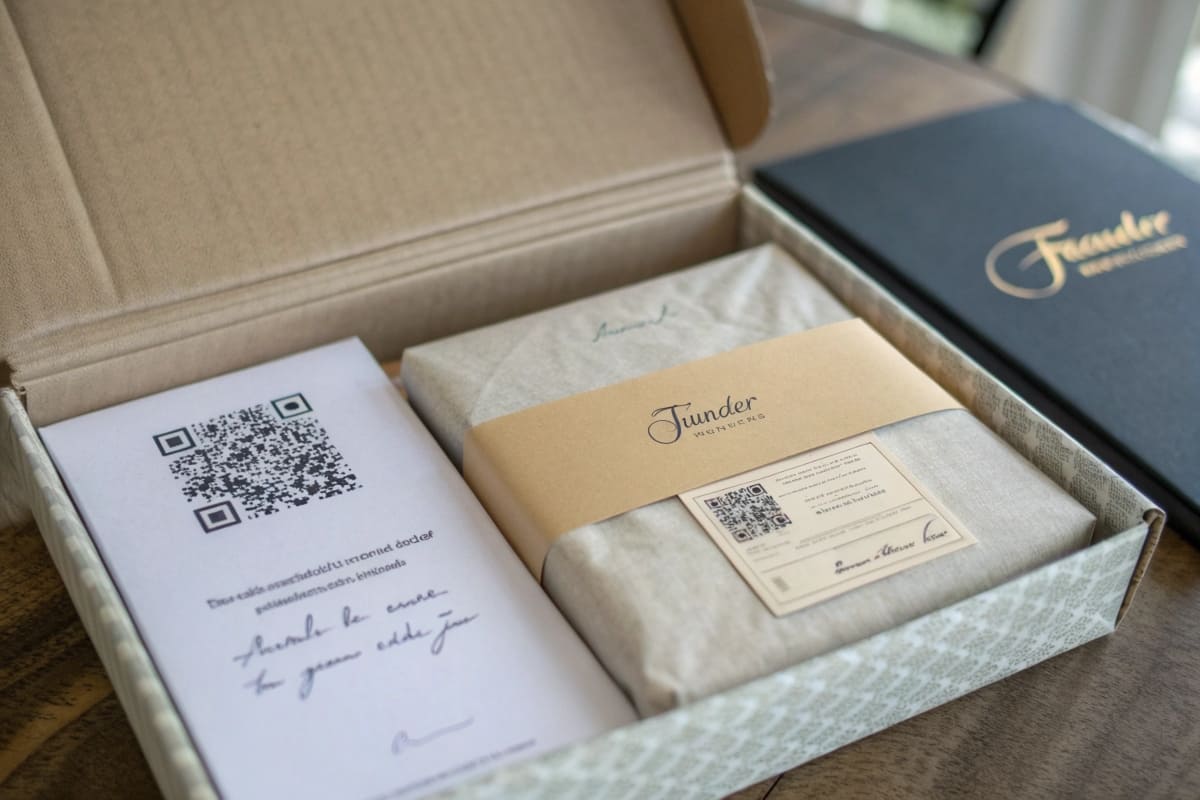 An insert card inside a DTC package, featuring a photo of the brand's founder with a short, handwritten-style personal message