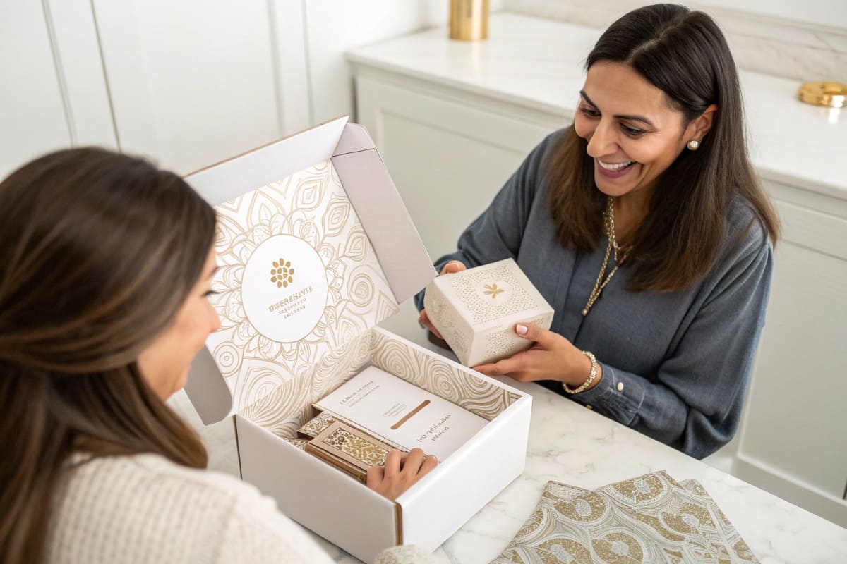 Close-up of layers of tissue paper and custom inserts within a box, creating a sense of discovery