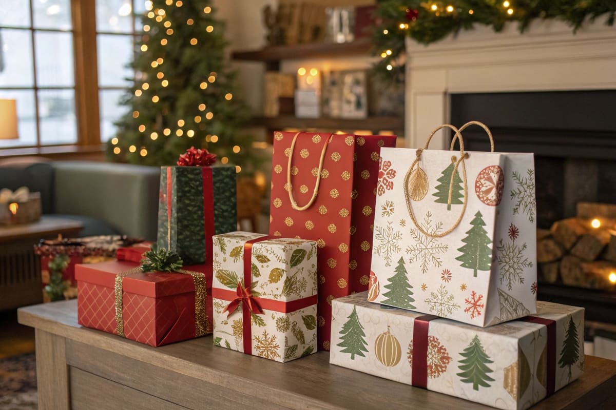 A beautifully designed box with a subtle, elegant winter theme, sitting under a Christmas tree