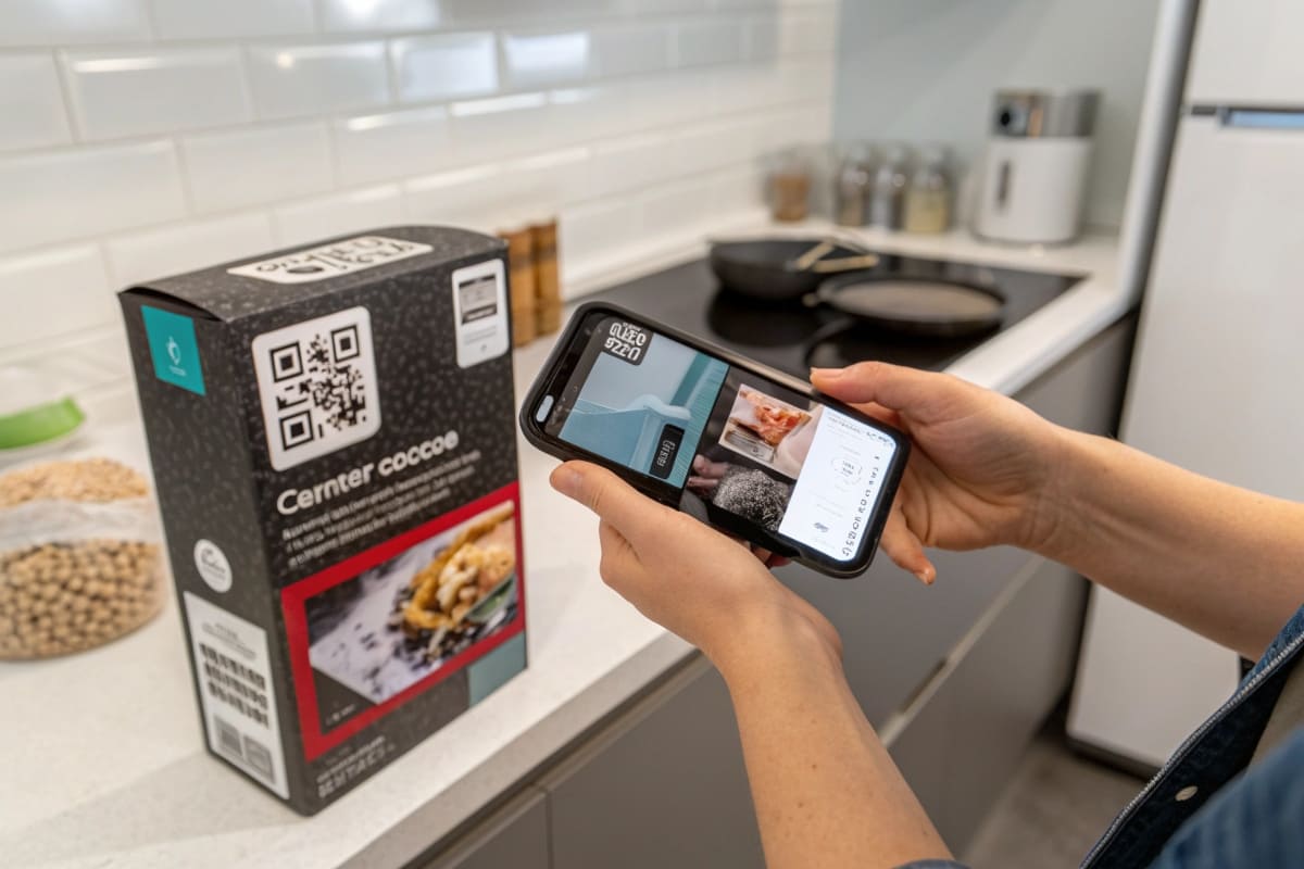 AR Used for Furniture Assembly Instructions A consumer pointing their phone at a flat-pack furniture box, with an animated 3D assembly guide playing on the screen