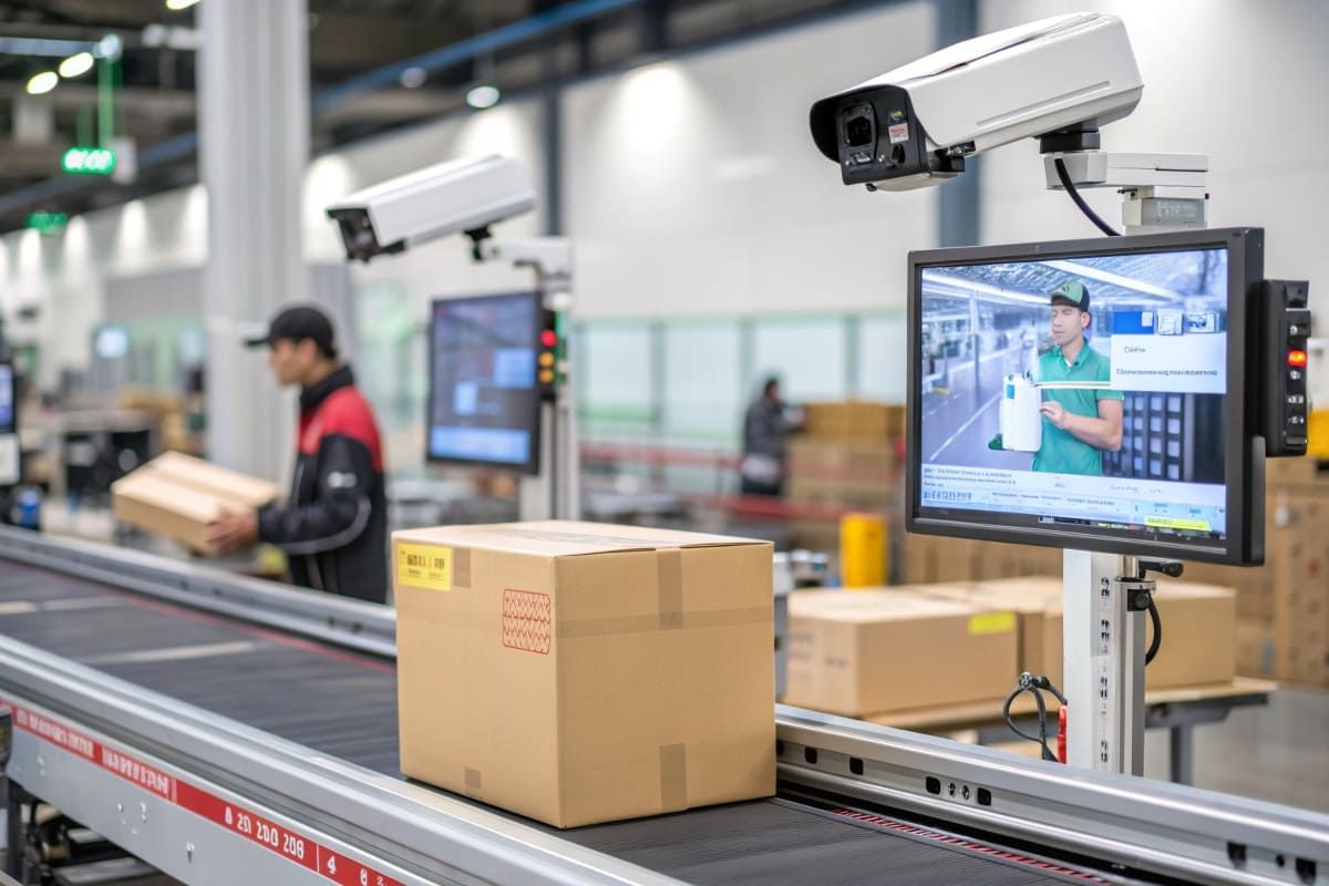 A futuristic graphic showing a robotic arm with a camera scanning boxes on a conveyor belt, with data points highlighted on a screen