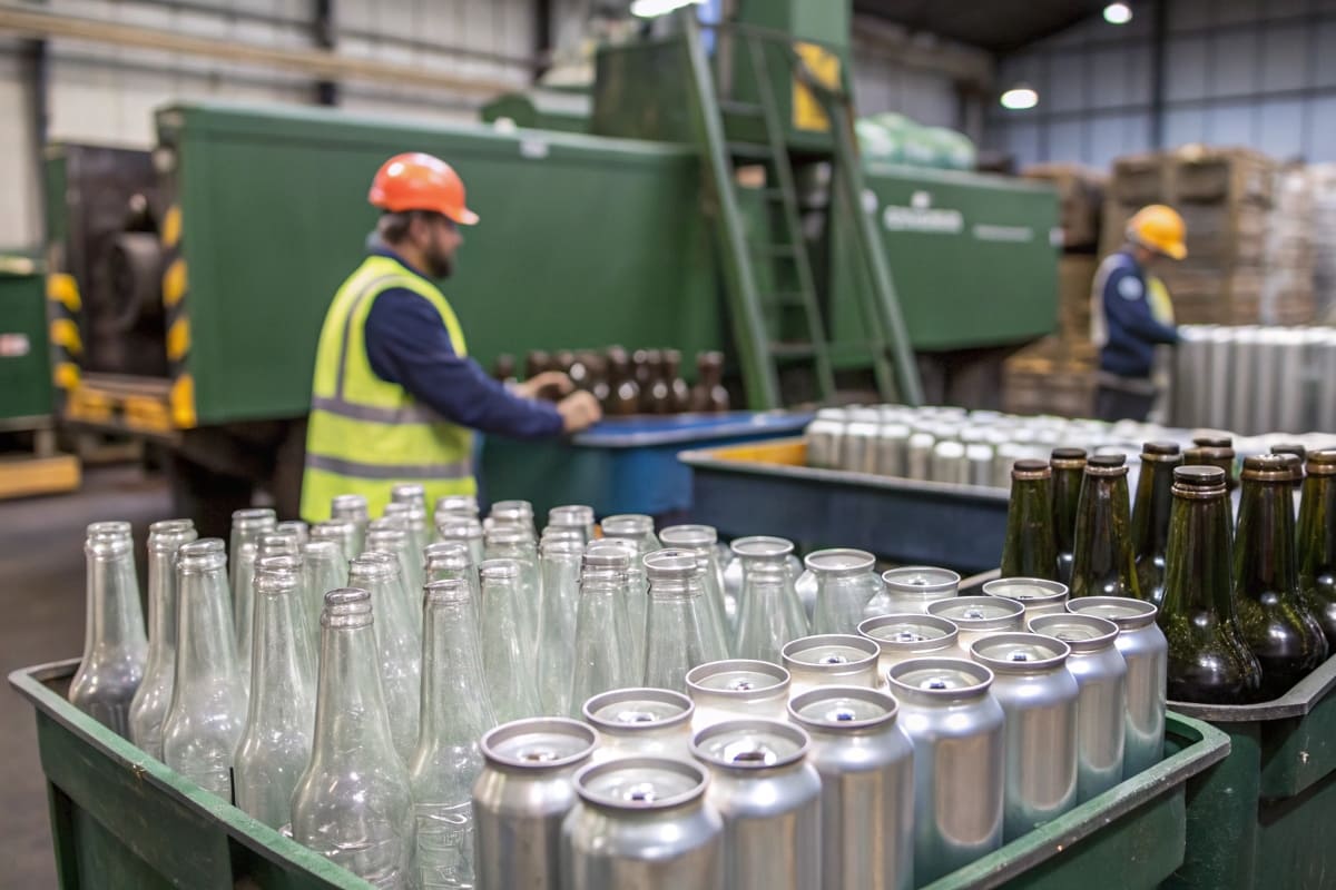 An aluminum beverage can and a glass sauce jar, representing the infinite recyclability of metal and glass