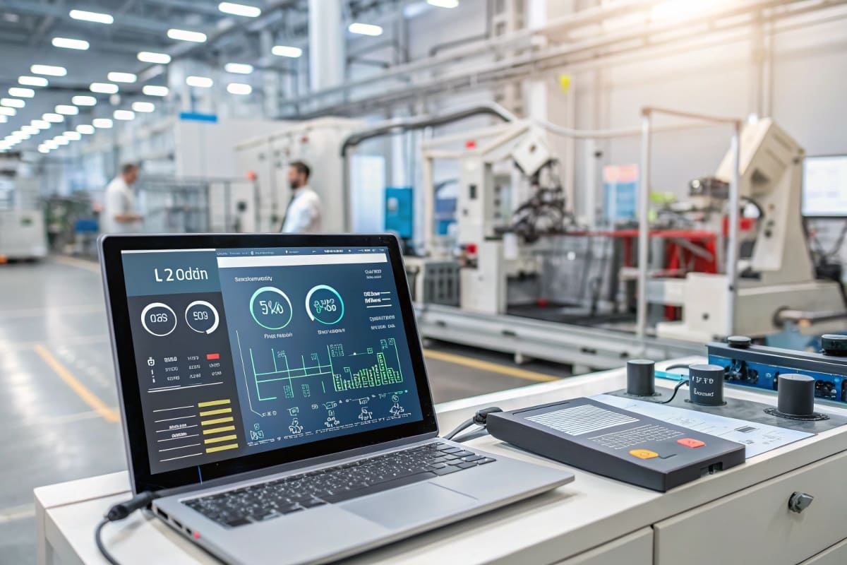 IoT and Connected Packaging Systems A digital dashboard screen showing real-time data from a connected factory floor