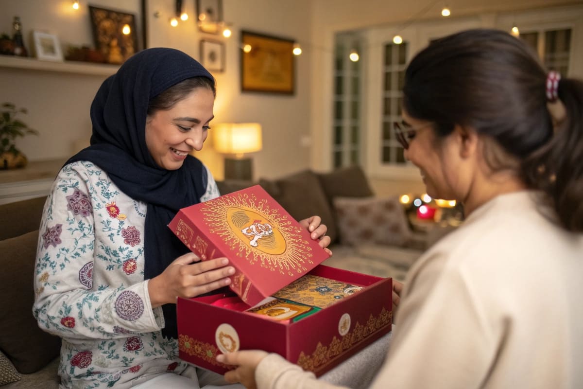 A customer smiling as they open a beautifully designed package, revealing a product inside