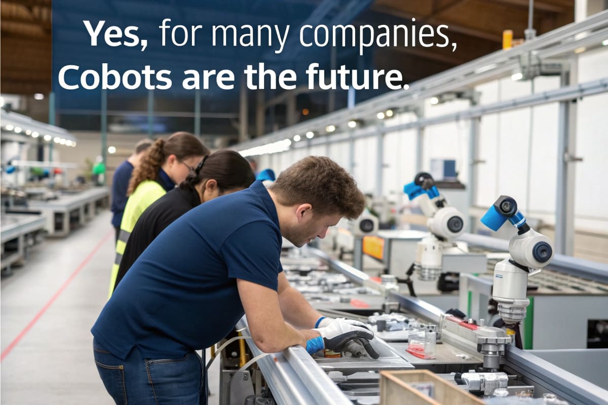 Collaborative Robots in Packaging A compact collaborative robot (cobot) arm placing products into boxes next to a human worker