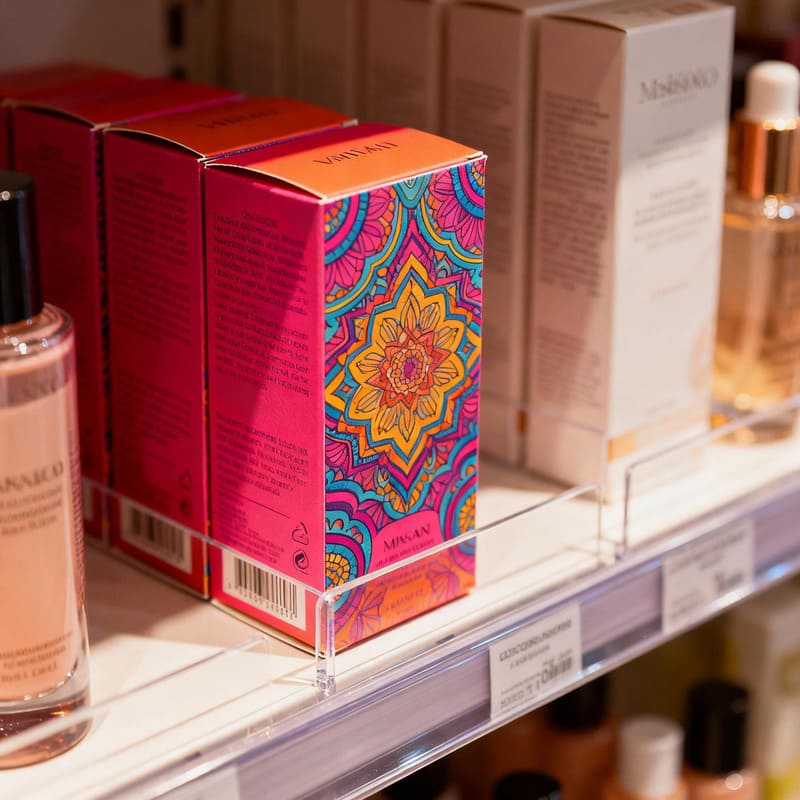 Folding Carton for Retail Packaging A vibrant, custom-printed folding carton for a cosmetic product, shown on a retail shelf next to other products