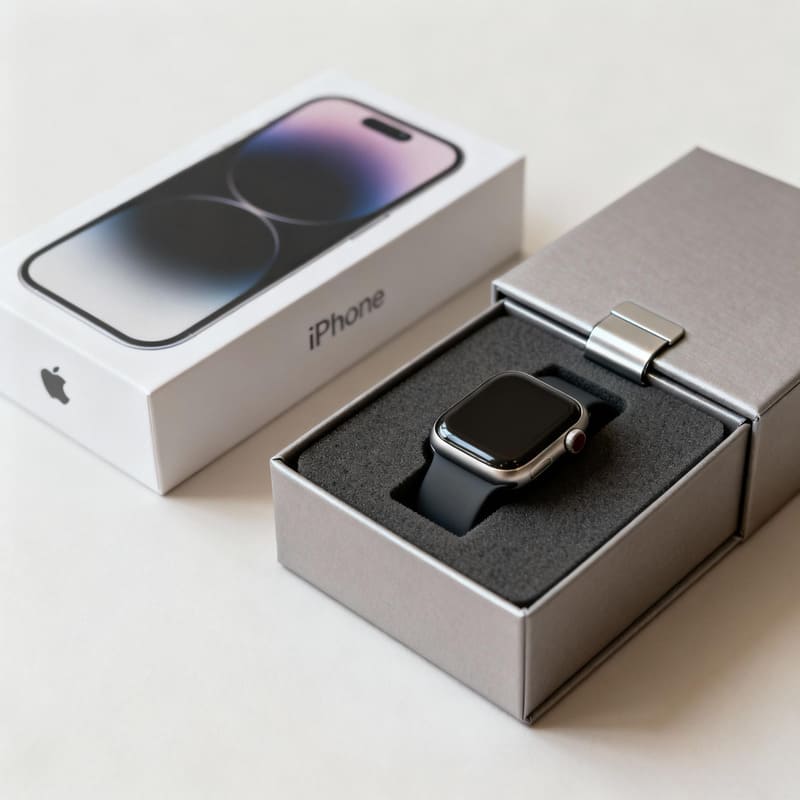 Luxury Rigid Box with Magnetic Closure An elegant rigid box for a watch, with a magnetic closure and a custom foam insert holding the product securely