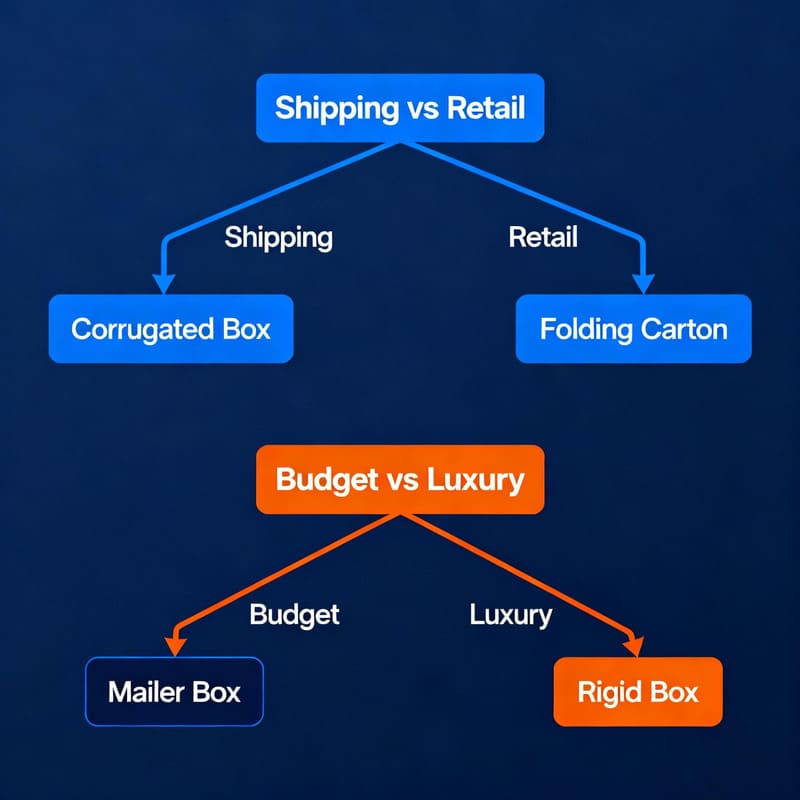 How to Choose the Right Packaging Box A decision tree diagram showing factors like "Shipping vs Retail" and "Budget vs Luxury" leading to the four different box types