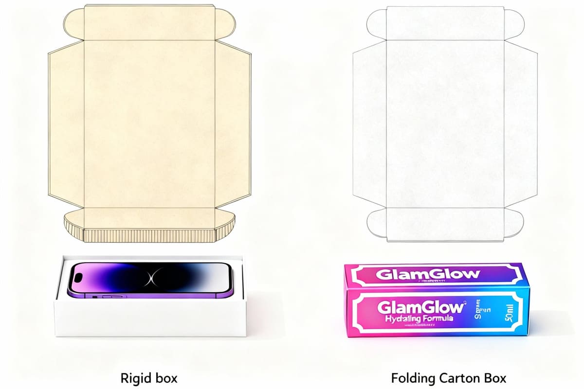 A cross-section view showing the thick, dense paperboard of a rigid box next to the thin, single layer of a folding carton