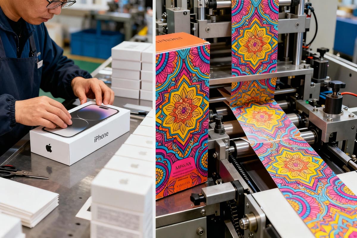 An image contrasting a worker carefully wrapping a rigid box by hand with a high-speed automated machine folding cartons