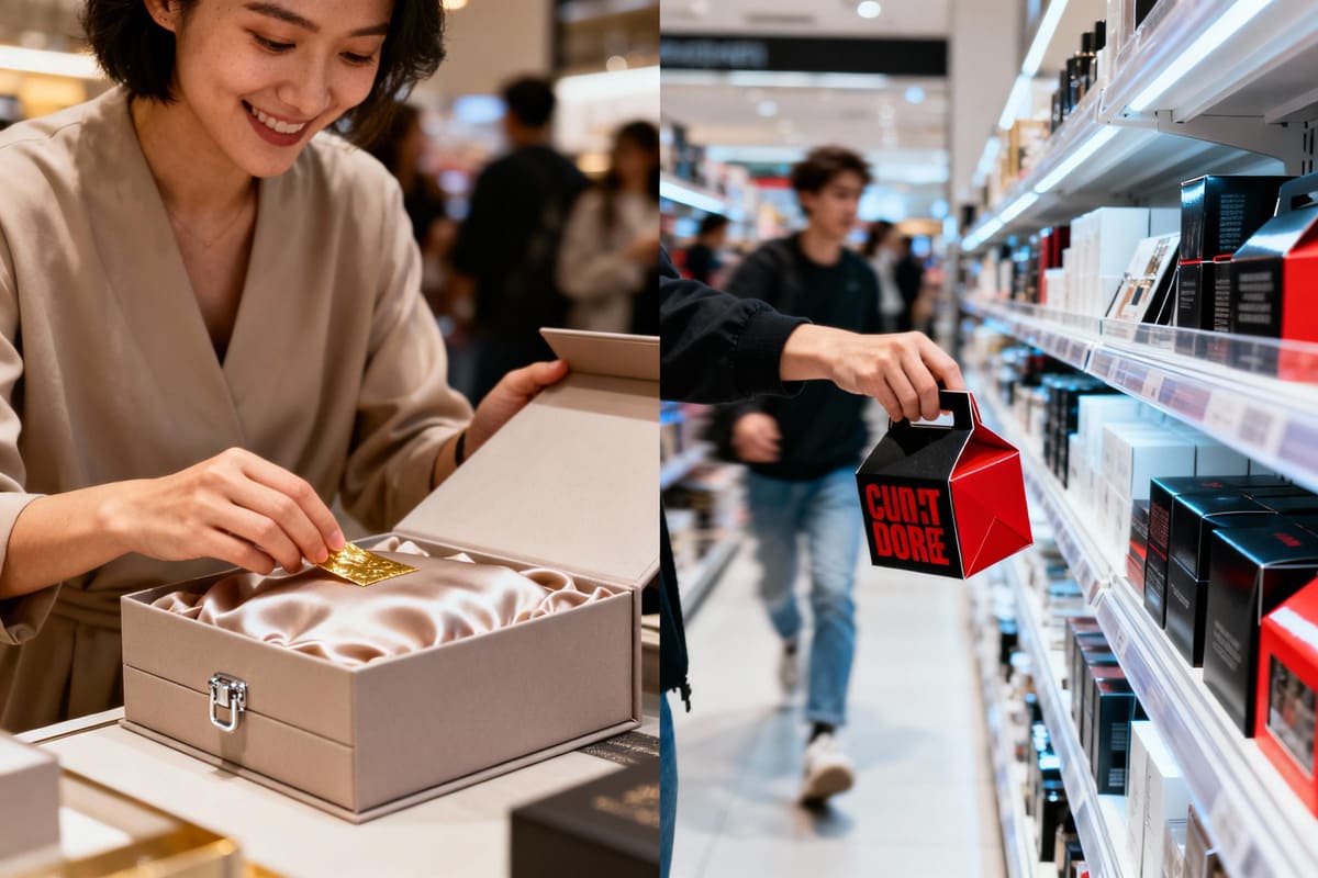 A customer happily unboxing a luxury product from a rigid box, contrasted with a shopper quickly grabbing a folding carton off a busy retail shelf