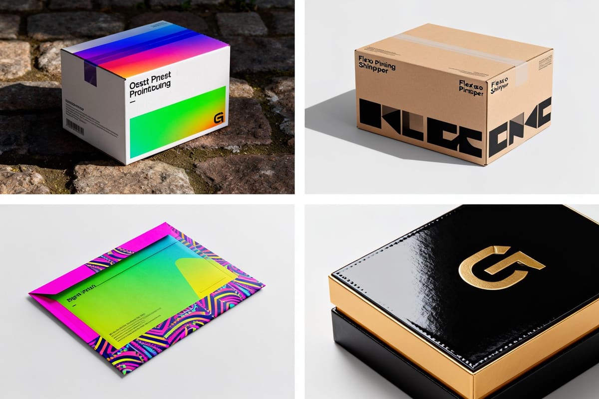 Common Printing Techniques for Packaging Boxes A collage of different printed boxes: a photo-realistic offset printed carton, a simple flexo printed shipper, a vibrant digitally printed mailer, and a luxury box with a thick screen-printed logo